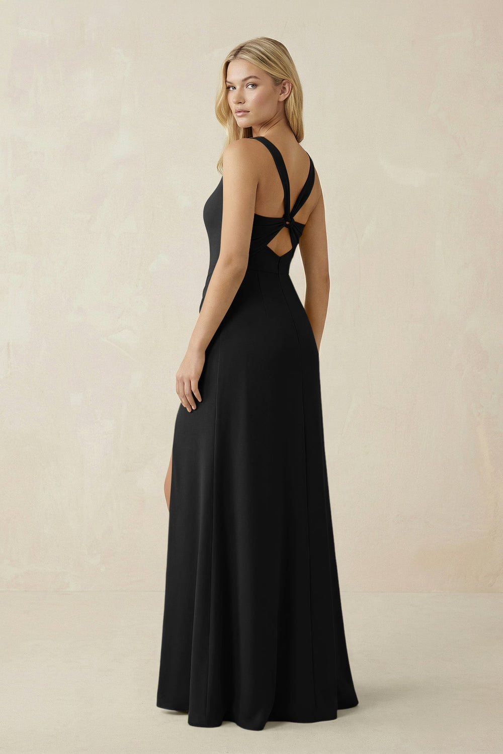 Square Neck Ruched Sheath Satin Bridesmaid Dress in Black