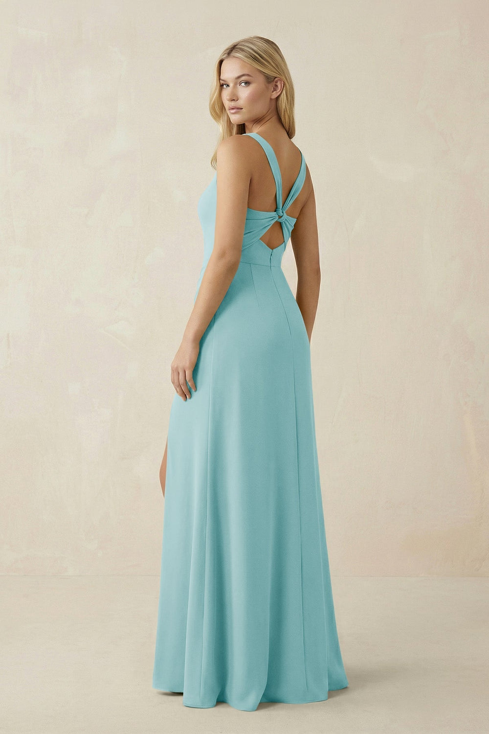 Square Neck Ruched Sheath Satin Bridesmaid Dress in Bleached Aqua