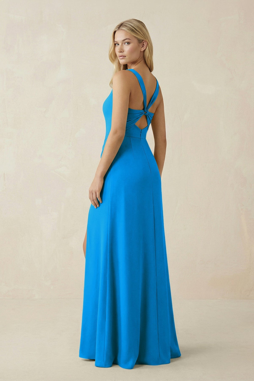 Square Neck Ruched Sheath Satin Bridesmaid Dress in Blue Jay