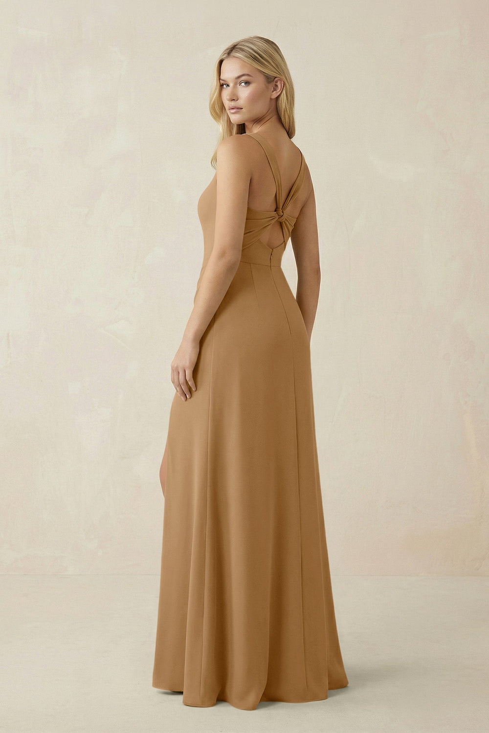 Square Neck Ruched Sheath Satin Bridesmaid Dress in Bronzer