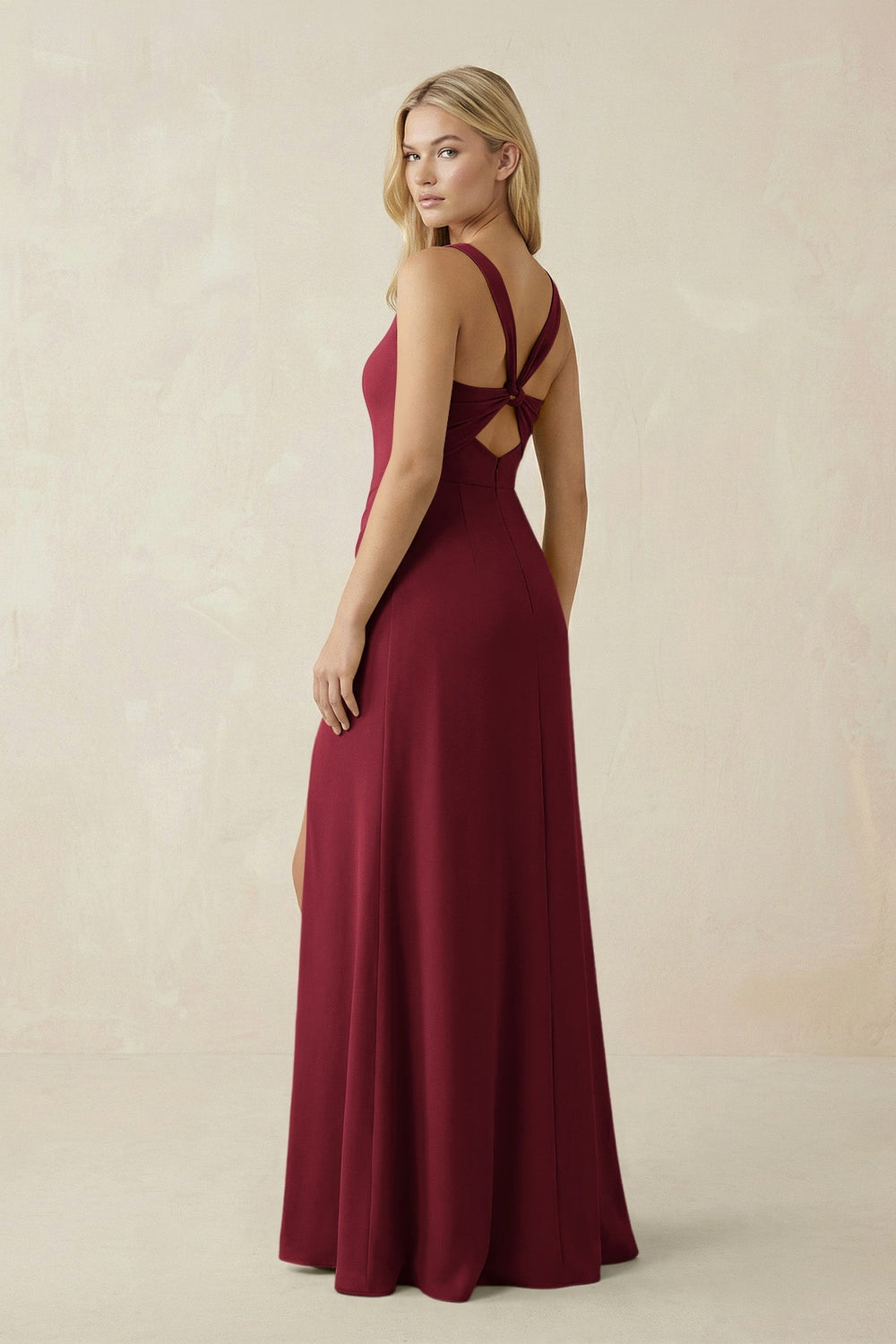Square Neck Ruched Sheath Satin Bridesmaid Dress in Burgundy