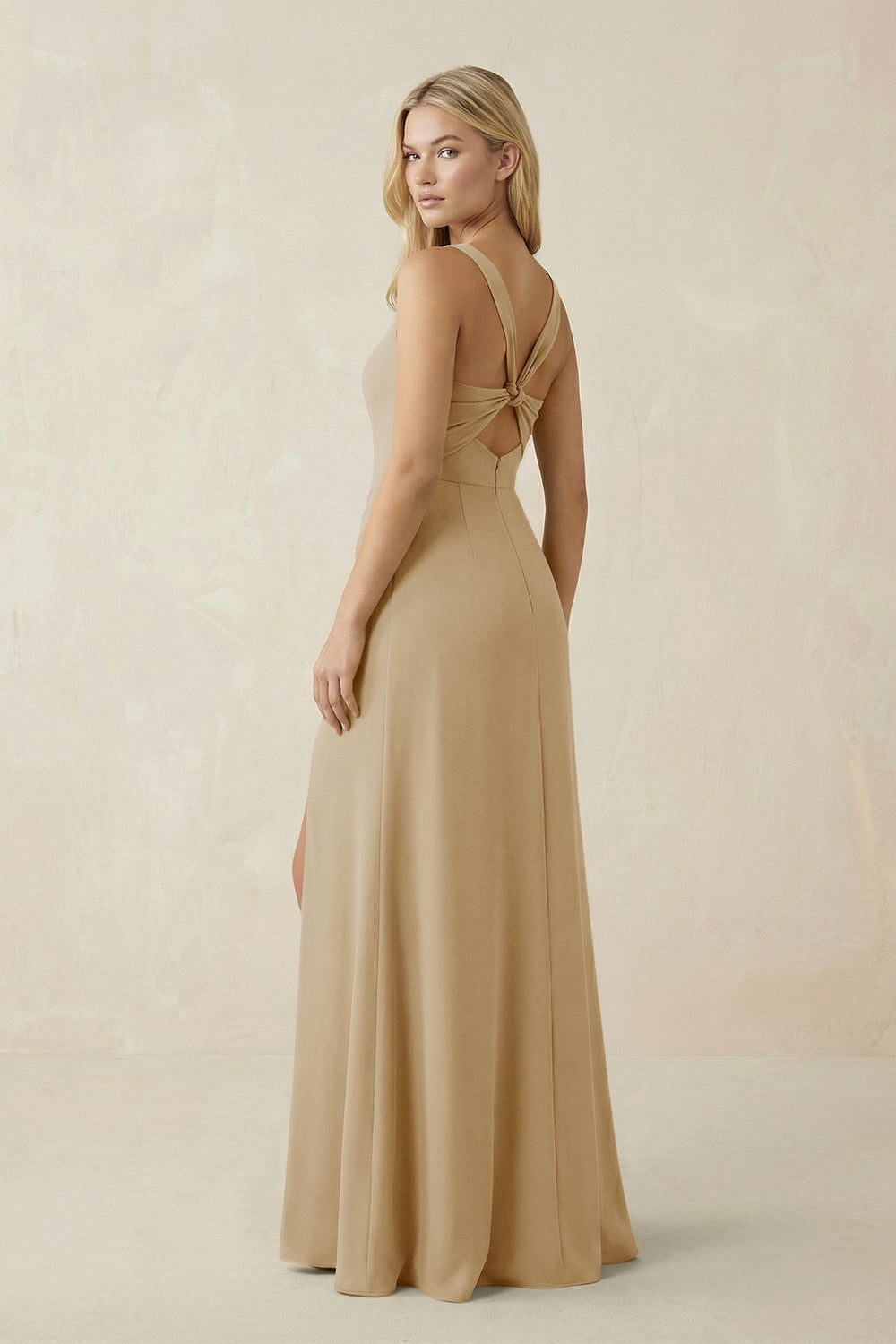 Square Neck Ruched Sheath Satin Bridesmaid Dress in Champagne