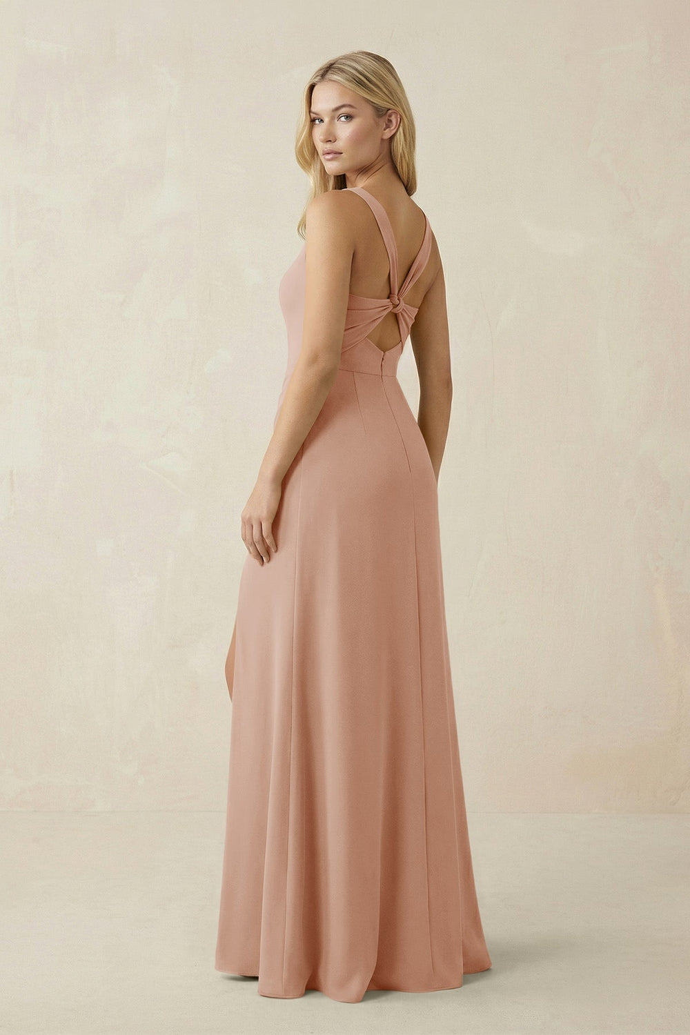 Square Neck Ruched Sheath Satin Bridesmaid Dress in Champagne Rose
