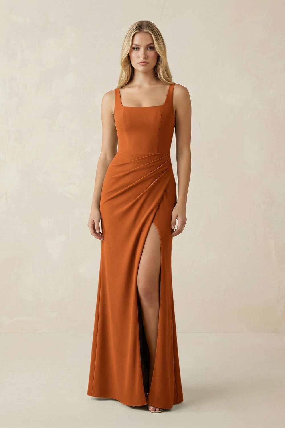Square Neck Ruched Sheath Satin Bridesmaid Dress in Cinnamon