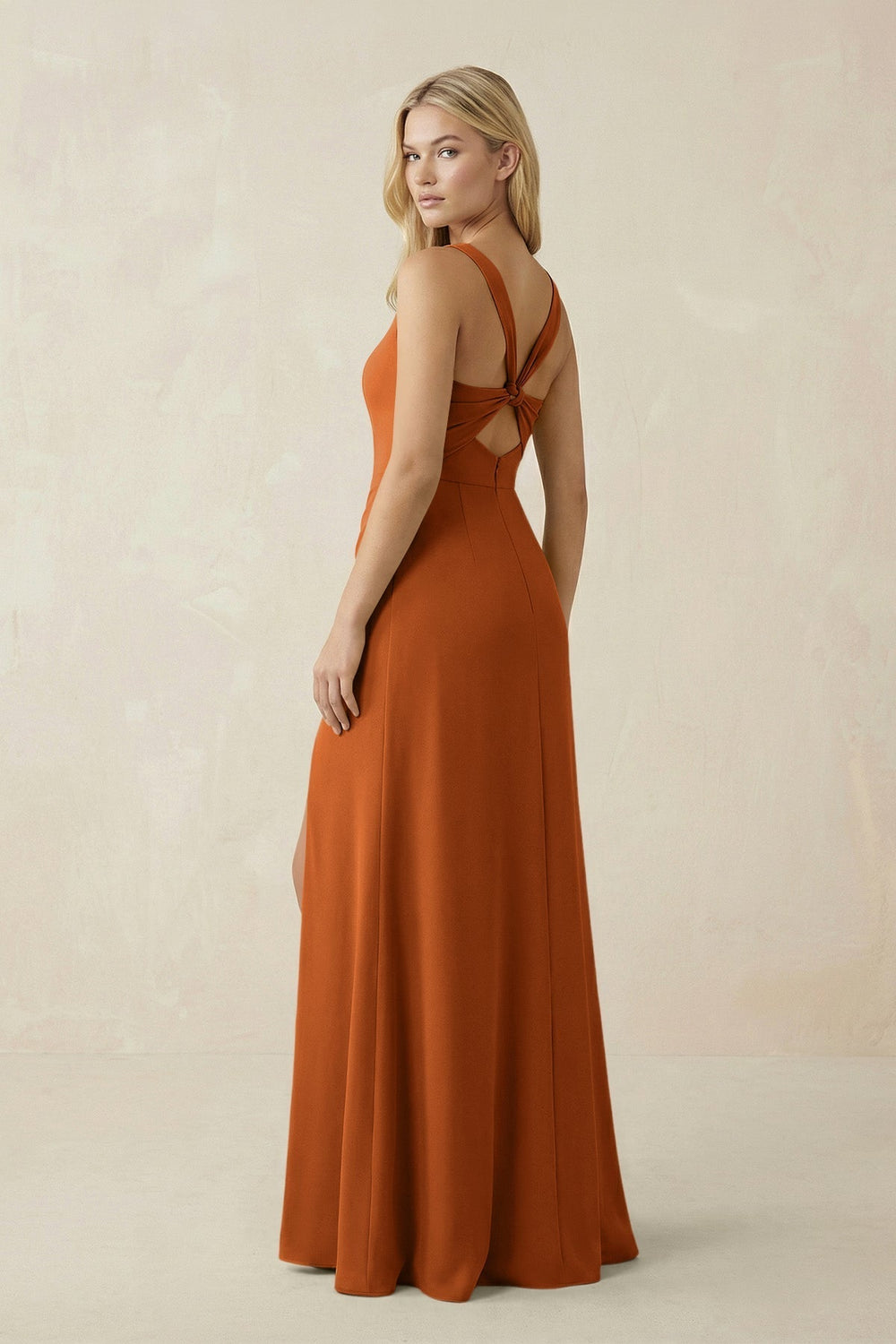 Square Neck Ruched Sheath Satin Bridesmaid Dress in Cinnamon