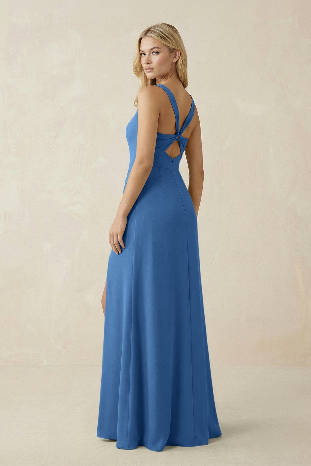 Square Neck Ruched Sheath Satin Bridesmaid Dress in Dusty Blue