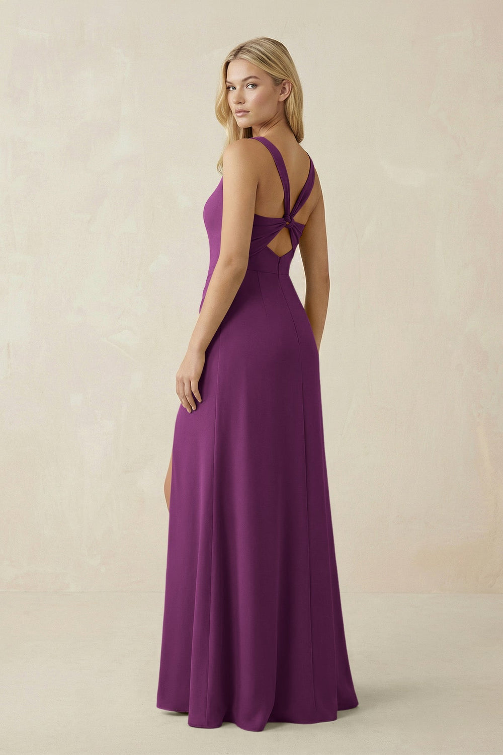 Square Neck Ruched Sheath Satin Bridesmaid Dress in Fig