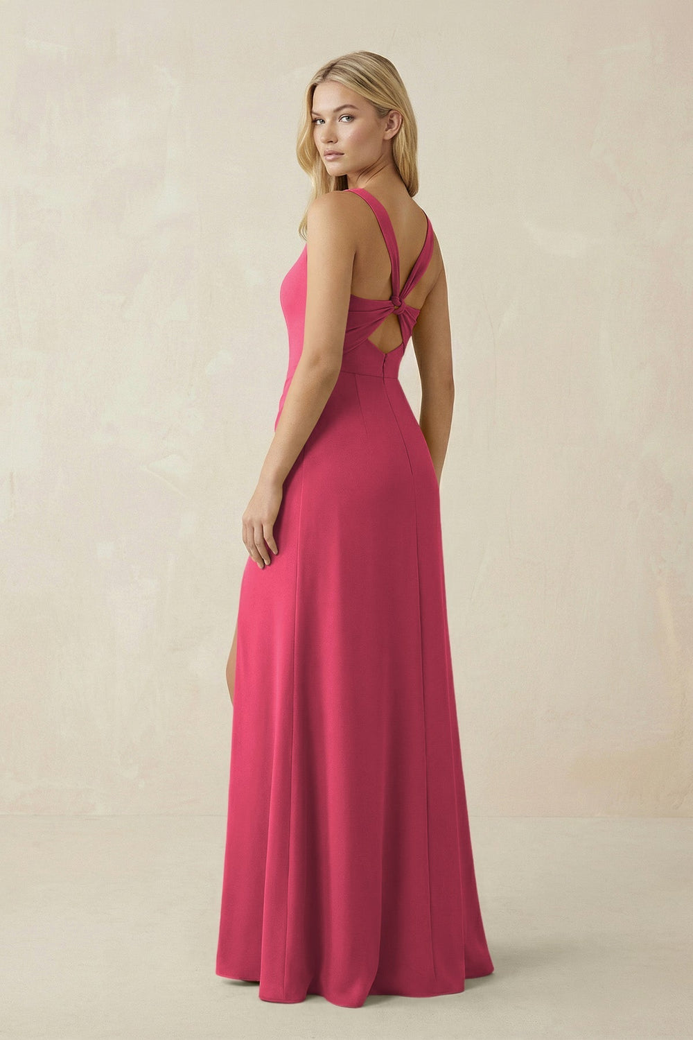 Square Neck Ruched Sheath Satin Bridesmaid Dress in Fuchsia