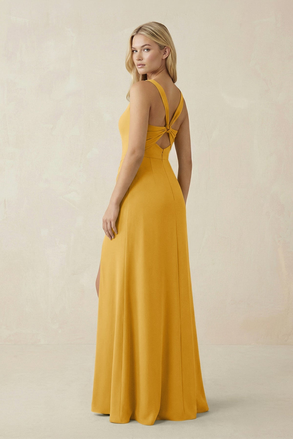 Square Neck Ruched Sheath Satin Bridesmaid Dress in Gold