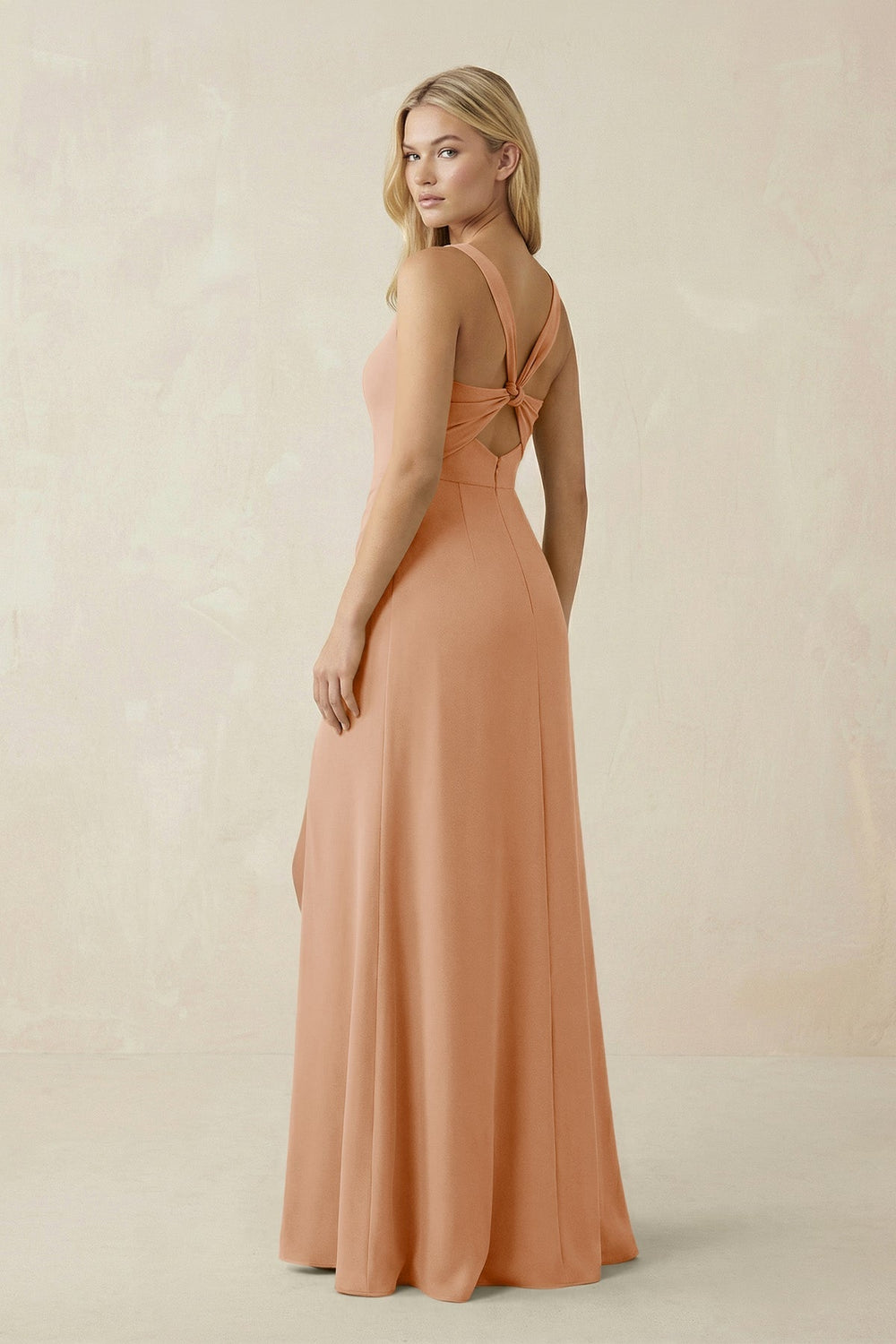 Square Neck Ruched Sheath Satin Bridesmaid Dress in Golden Champagne