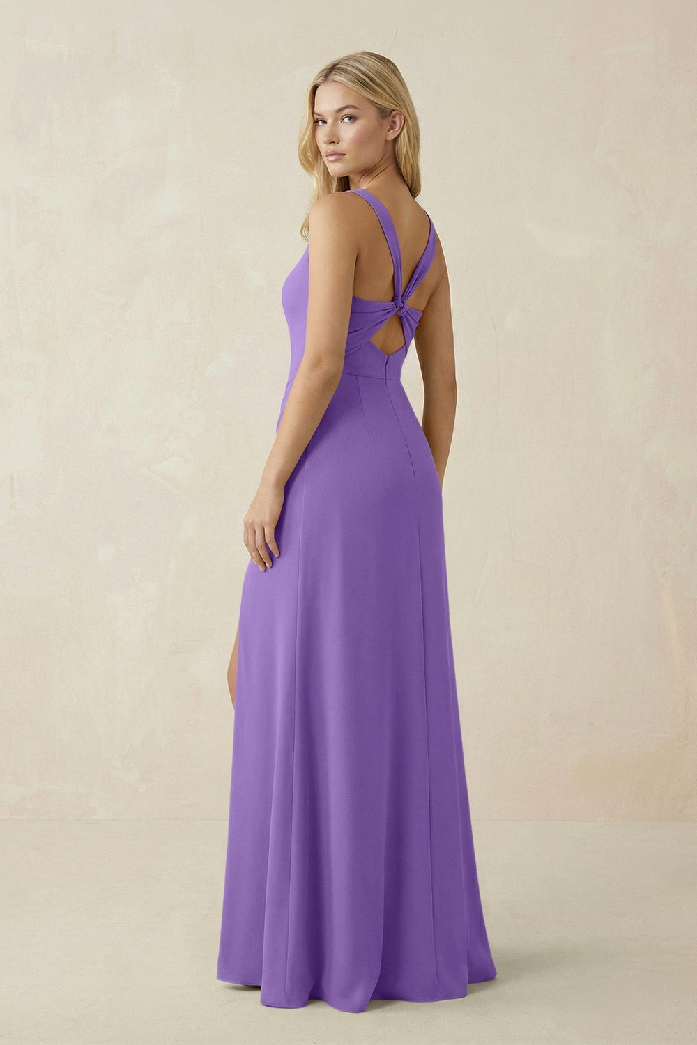 Square Neck Ruched Sheath Satin Bridesmaid Dress in Lilac