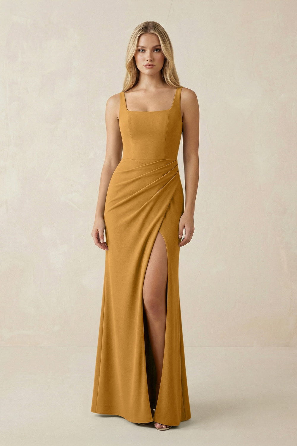 Square Neck Ruched Sheath Satin Bridesmaid Dress in Marigold