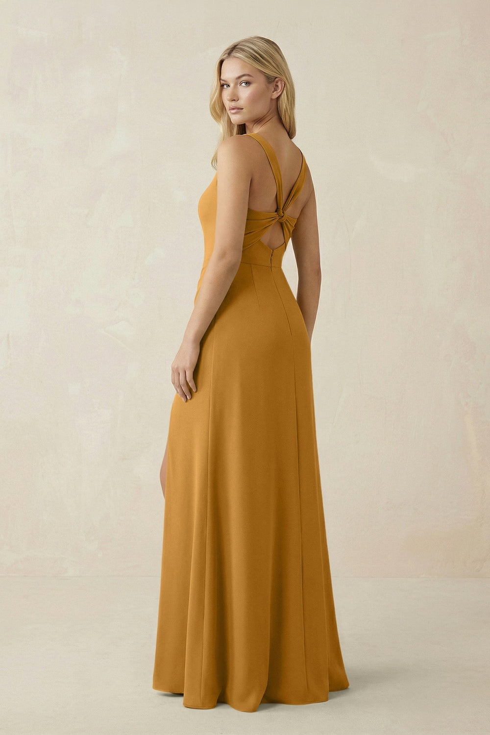Square Neck Ruched Sheath Satin Bridesmaid Dress in Marigold