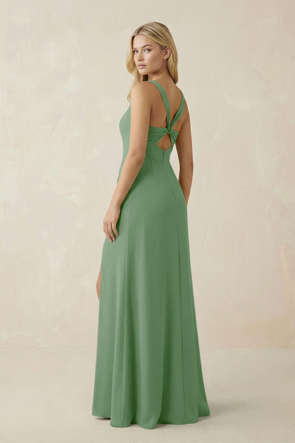 Square Neck Ruched Sheath Satin Bridesmaid Dress in Matcha