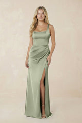 Square Neck Ruched Sheath Satin Bridesmaid Dress in Matcha - KISS BRIDAL Bridesmaid Dresses
