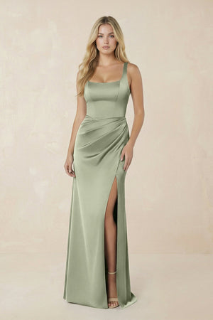 Square Neck Ruched Sheath Satin Bridesmaid Dress in Matcha - KISS BRIDAL Bridesmaid Dresses