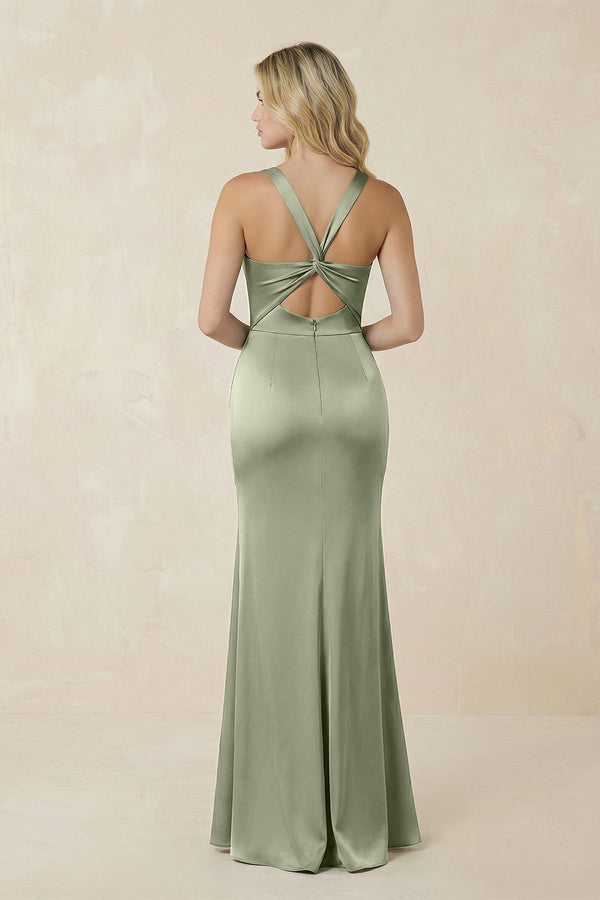 Square Neck Ruched Sheath Satin Bridesmaid Dress in Matcha - KISS BRIDAL Bridesmaid Dresses