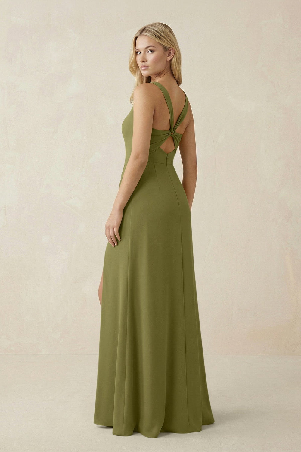 Square Neck Ruched Sheath Satin Bridesmaid Dress in Moss Green