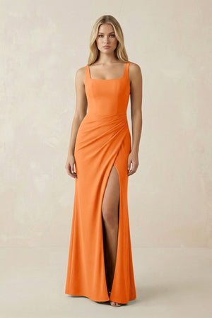 Square Neck Ruched Sheath Satin Bridesmaid Dress in Orange - KISS BRIDAL Bridesmaid Dresses