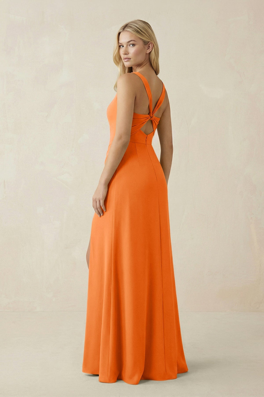 Square Neck Ruched Sheath Satin Bridesmaid Dress in Orange