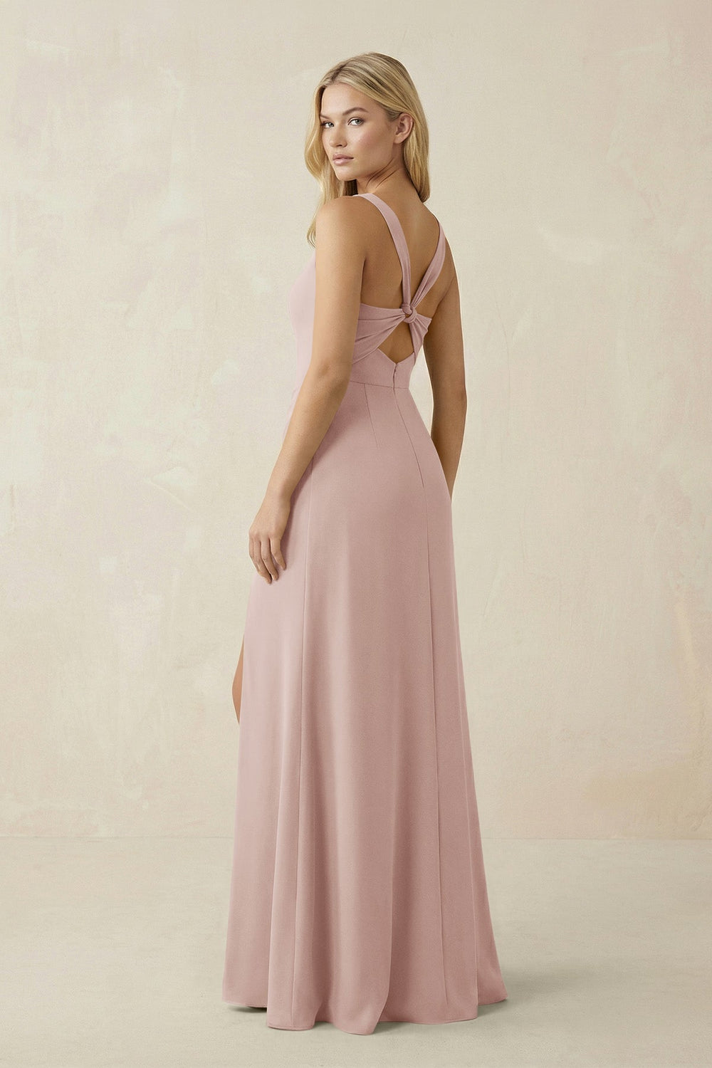Square Neck Ruched Sheath Satin Bridesmaid Dress in Pale Blush