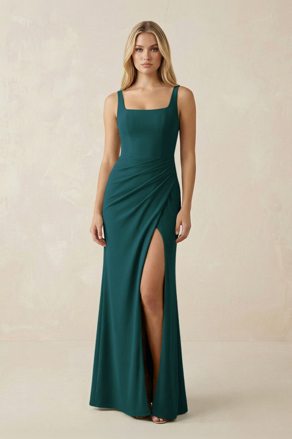 Square Neck Ruched Sheath Satin Bridesmaid Dress in Pine