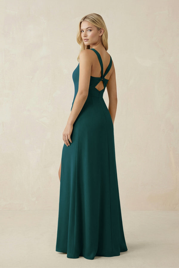 Square Neck Ruched Sheath Satin Bridesmaid Dress in Pine - KISS BRIDAL Bridesmaid Dresses