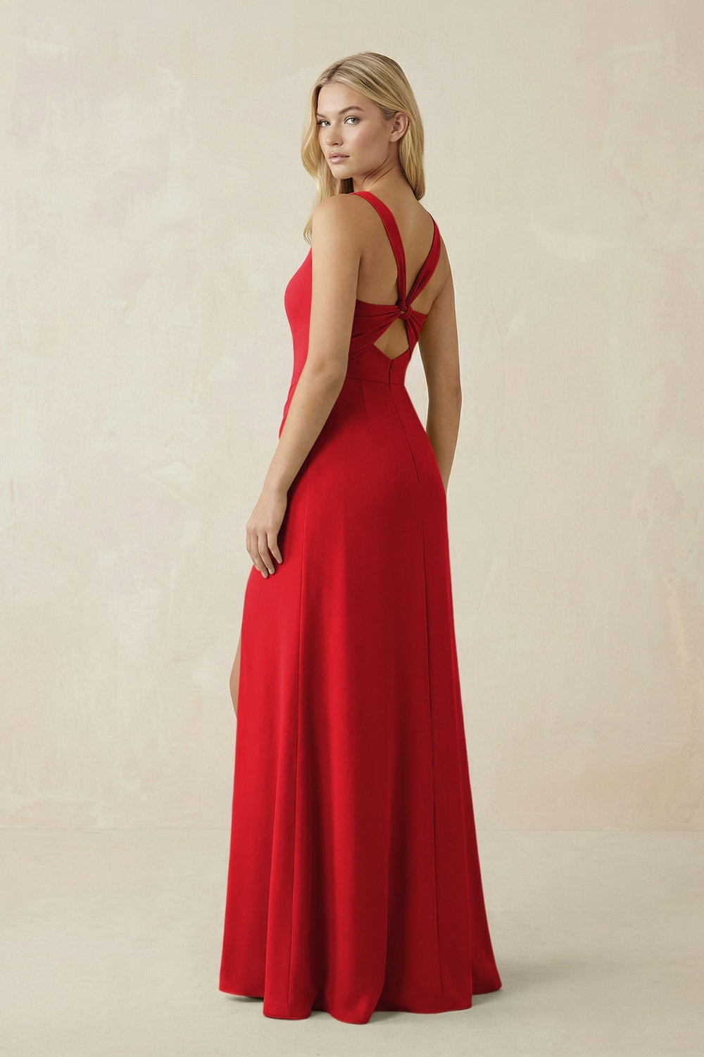 Square Neck Ruched Sheath Satin Bridesmaid Dress in Ruby Red