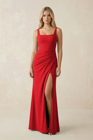 Square Neck Ruched Sheath Satin Bridesmaid Dress in Ruby Red - KISS BRIDAL Bridesmaid Dresses
