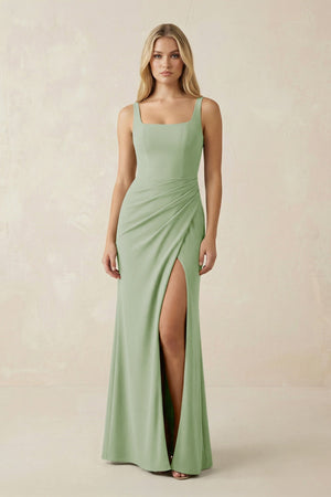 Square Neck Ruched Sheath Satin Bridesmaid Dress in Sage - KISS BRIDAL Bridesmaid Dresses