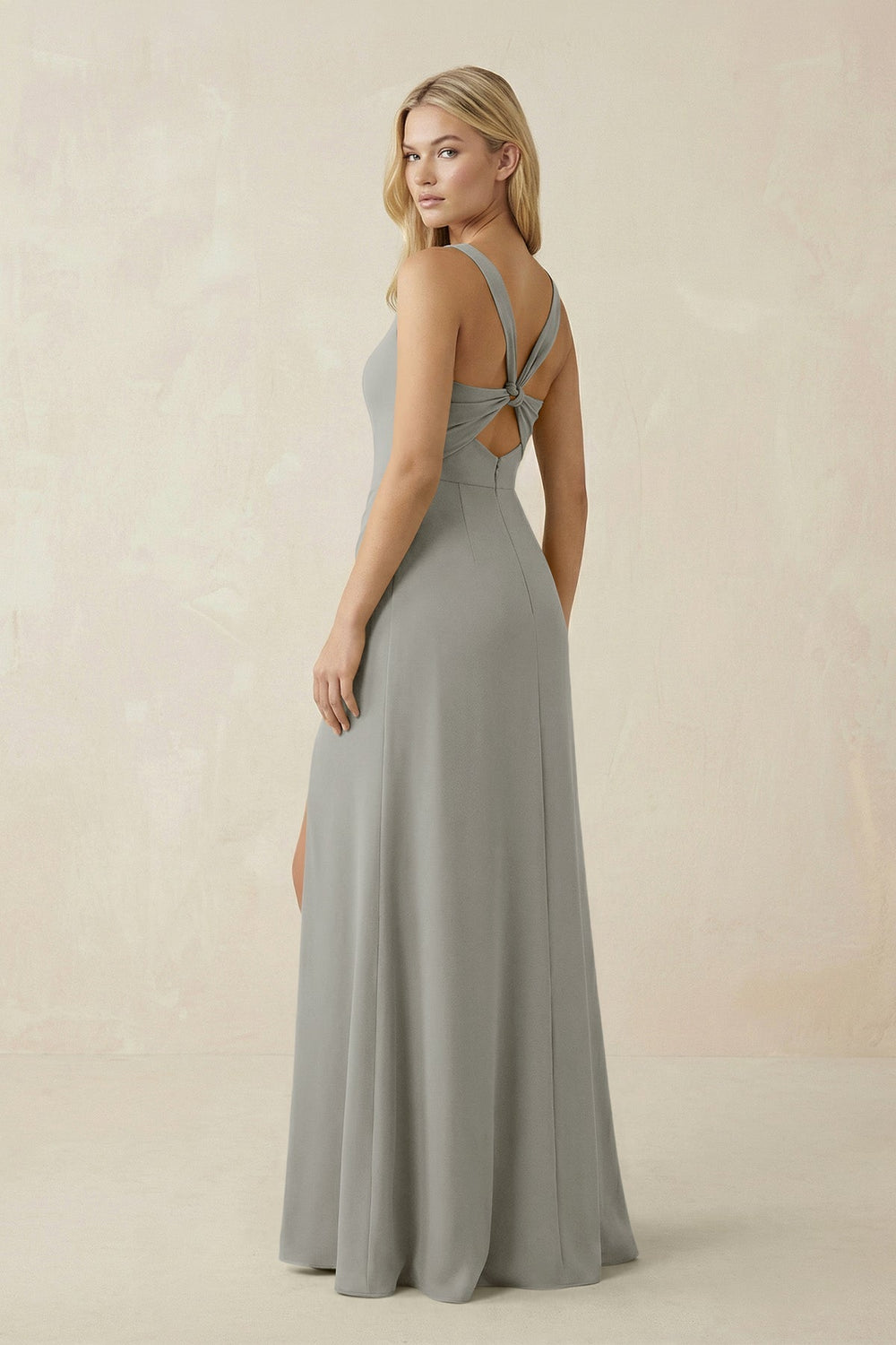 Square Neck Ruched Sheath Satin Bridesmaid Dress in Silver