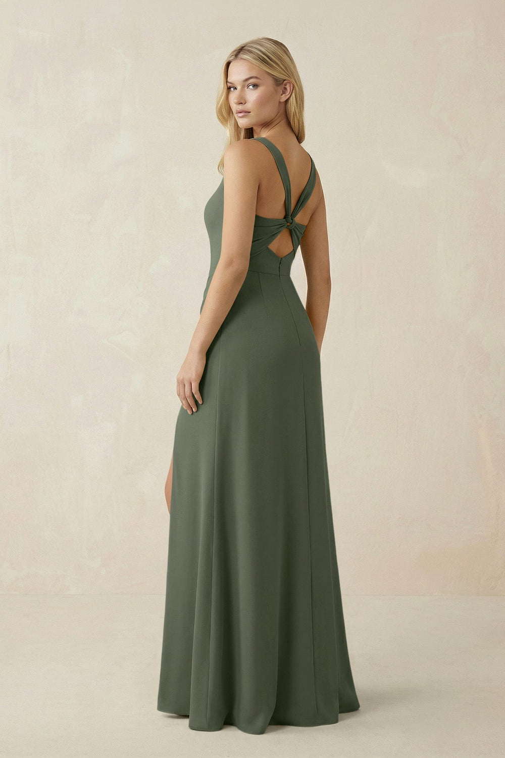 Square Neck Ruched Sheath Satin Bridesmaid Dress in Thyme