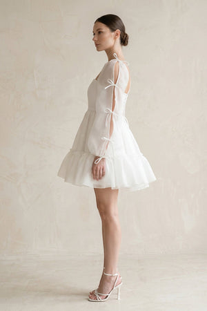 Square Neck Ruffled A - Line Long Sleeves Tulle Wedding Dress in White - KISS BRIDAL Wedding Dresses