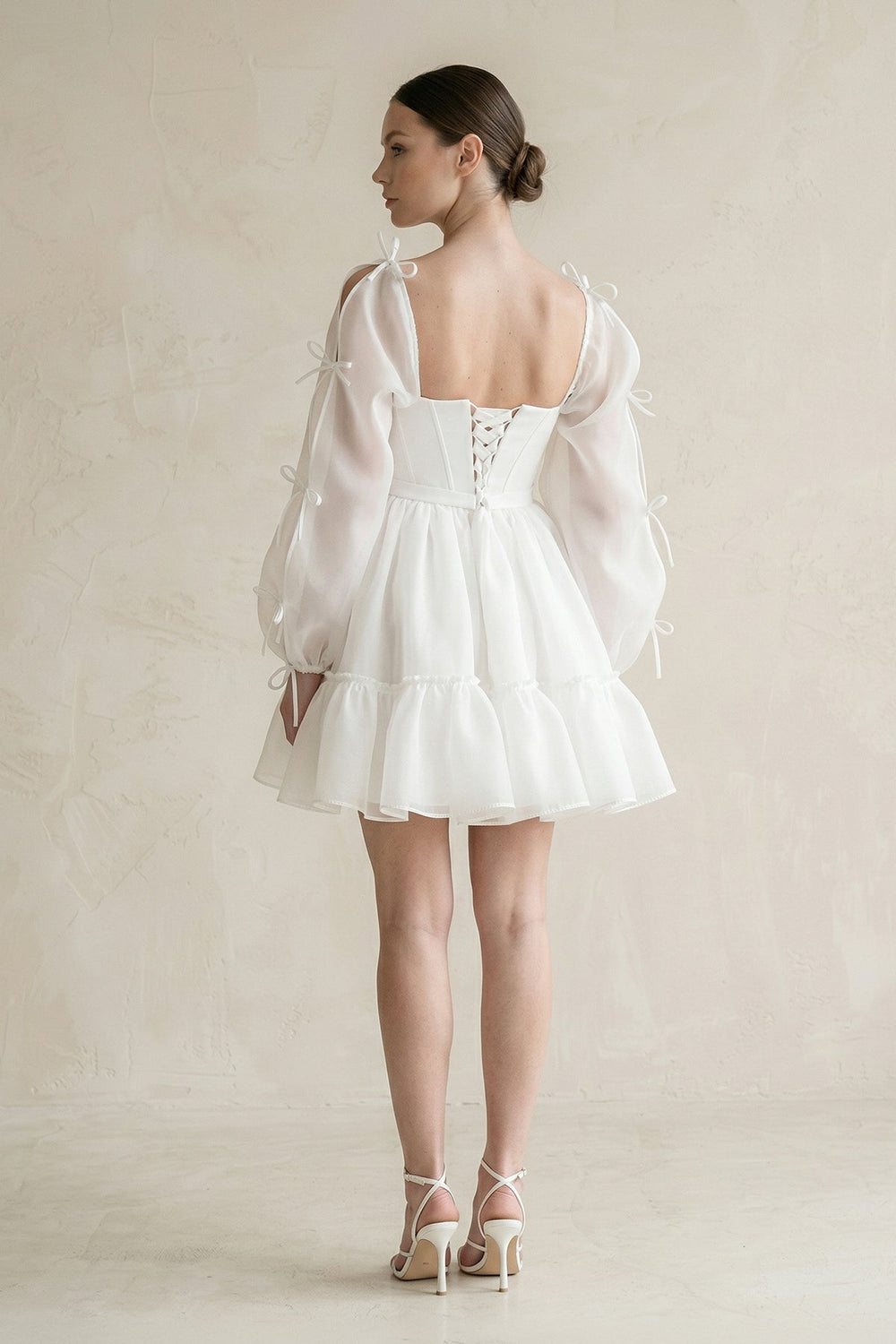 Square Neck Ruffled A-Line Long Sleeves Tulle Wedding Dress in White