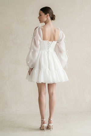 Square Neck Ruffled A - Line Long Sleeves Tulle Wedding Dress in White - KISS BRIDAL Wedding Dresses