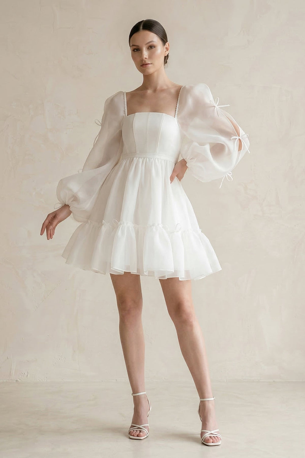 Square Neck Ruffled A-Line Long Sleeves Tulle Wedding Dress in White