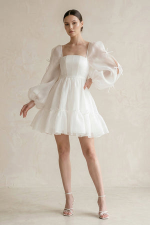Square Neck Ruffled A - Line Long Sleeves Tulle Wedding Dress in White - KISS BRIDAL Wedding Dresses
