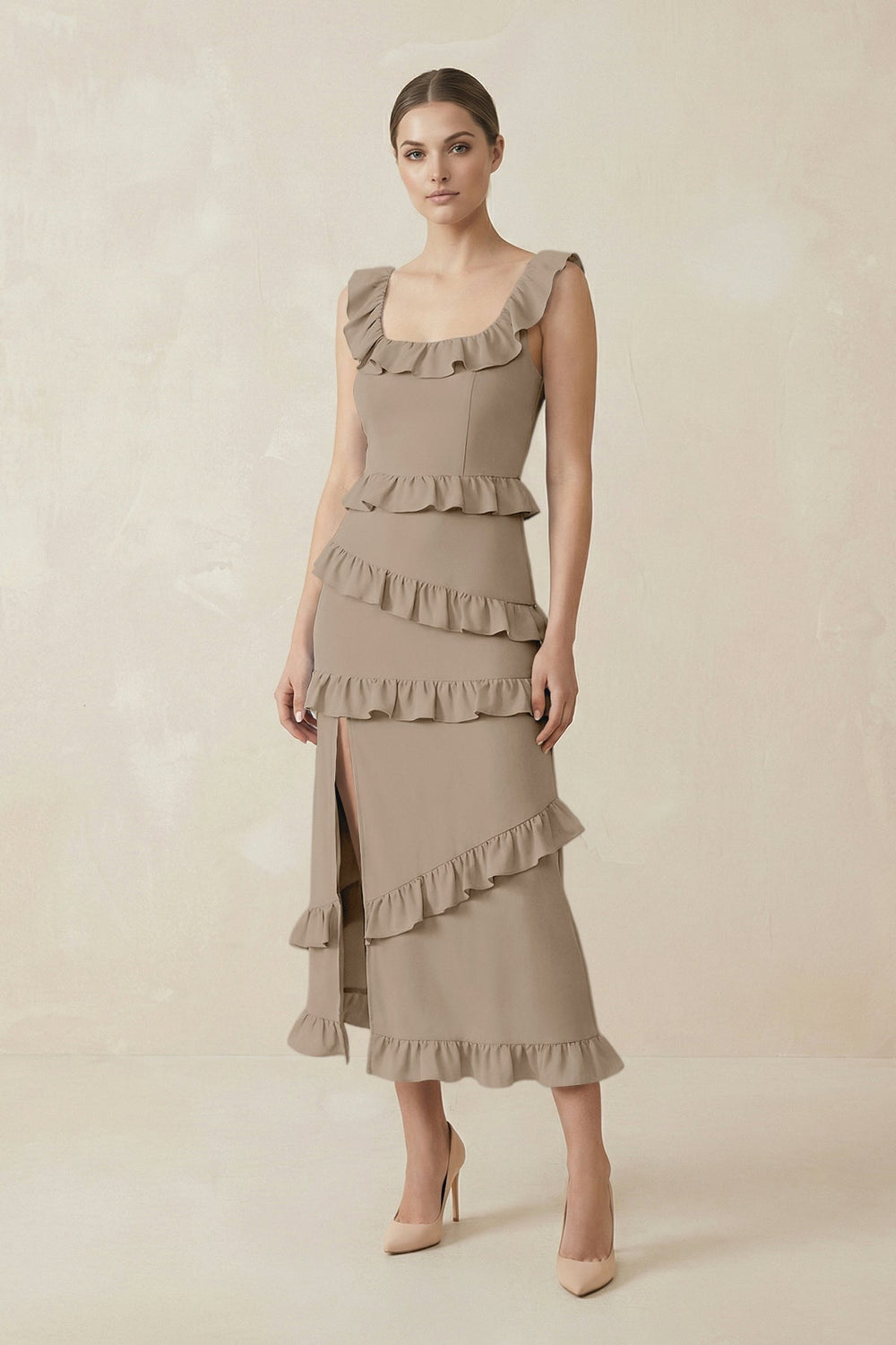 Square Neck Ruffled Sheath Satin Midi Bridesmaid Dress in Almond