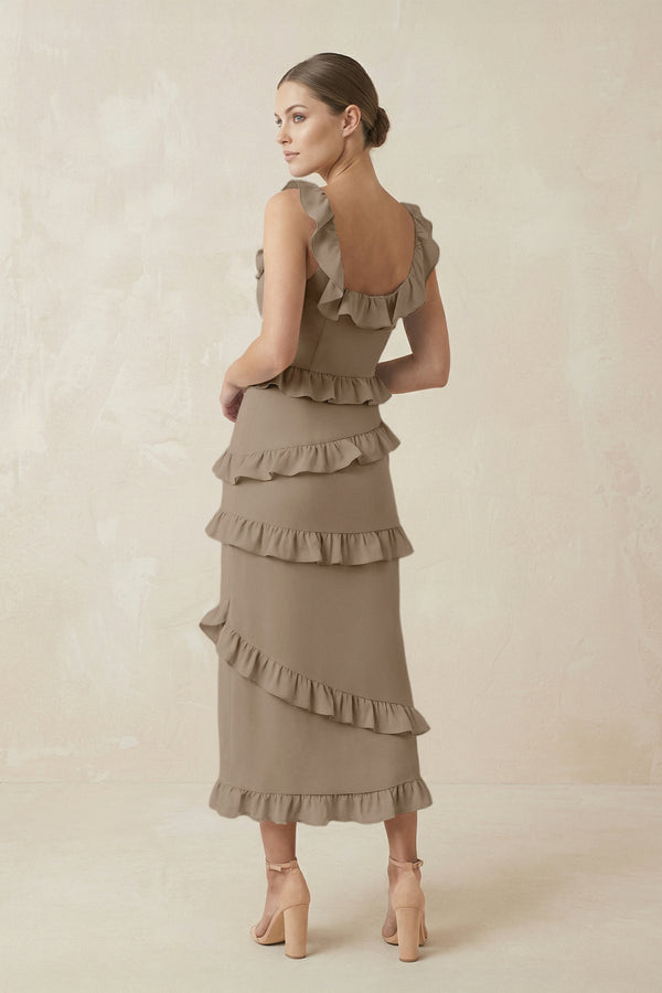 Square Neck Ruffled Sheath Satin Midi Bridesmaid Dress in Almond - KISS BRIDAL Bridesmaid Dresses