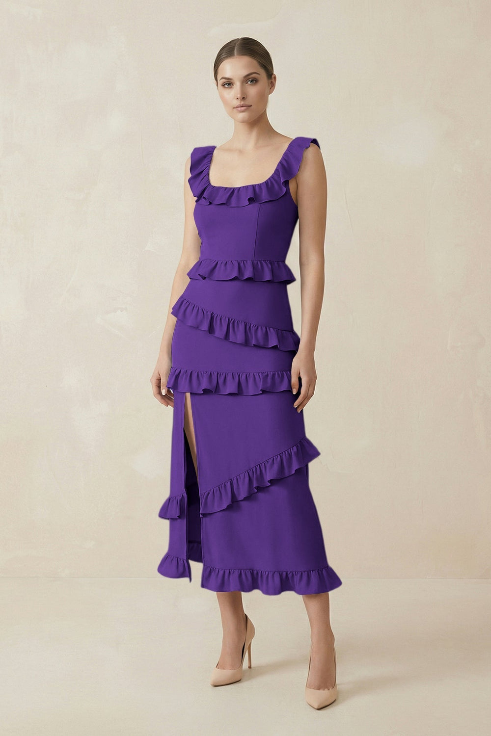 Square Neck Ruffled Sheath Satin Midi Bridesmaid Dress in Amethyst