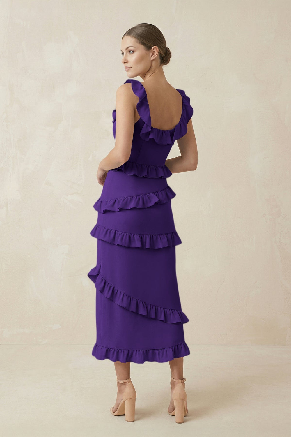 Square Neck Ruffled Sheath Satin Midi Bridesmaid Dress in Amethyst