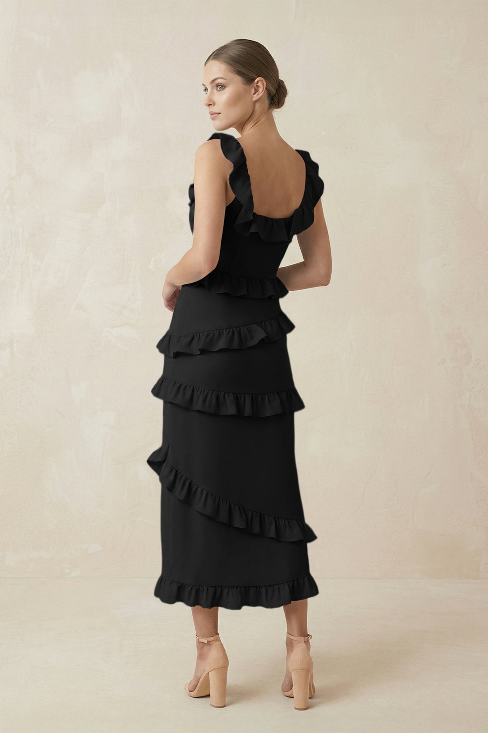 Square Neck Ruffled Sheath Satin Midi Bridesmaid Dress in Black