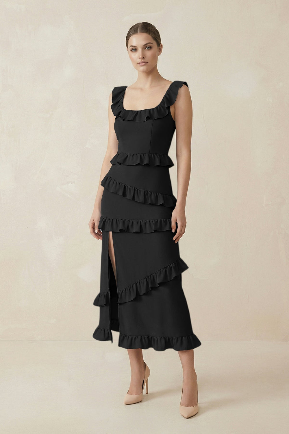 Square Neck Ruffled Sheath Satin Midi Bridesmaid Dress in Black