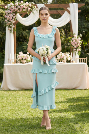 Square Neck Ruffled Sheath Satin Midi Bridesmaid Dress in Bleached Aqua - KISS BRIDAL Bridesmaid Dresses