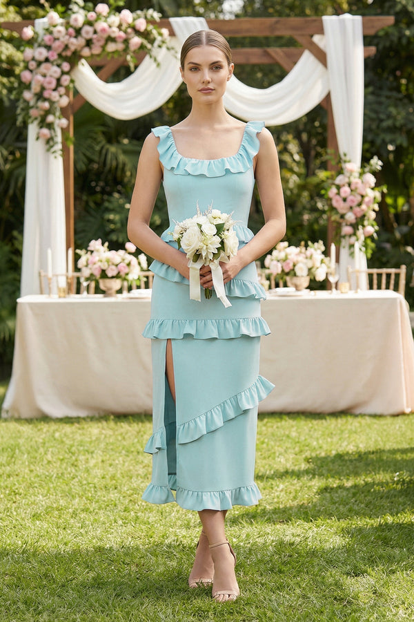 Square Neck Ruffled Sheath Satin Midi Bridesmaid Dress in Bleached Aqua - KISS BRIDAL Bridesmaid Dresses