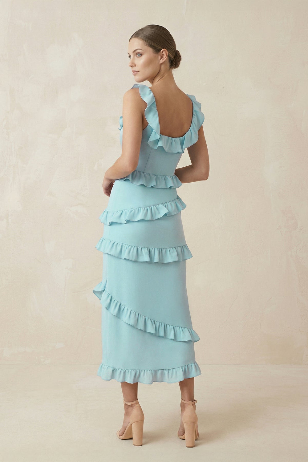 Square Neck Ruffled Sheath Satin Midi Bridesmaid Dress in Bleached Aqua