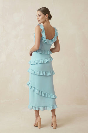 Square Neck Ruffled Sheath Satin Midi Bridesmaid Dress in Bleached Aqua - KISS BRIDAL Bridesmaid Dresses