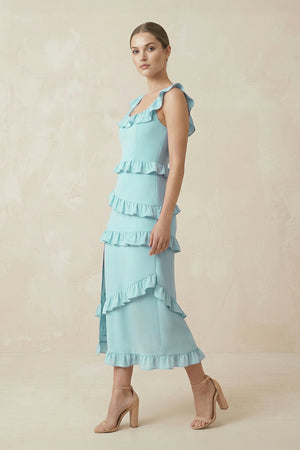 Square Neck Ruffled Sheath Satin Midi Bridesmaid Dress in Bleached Aqua - KISS BRIDAL Bridesmaid Dresses