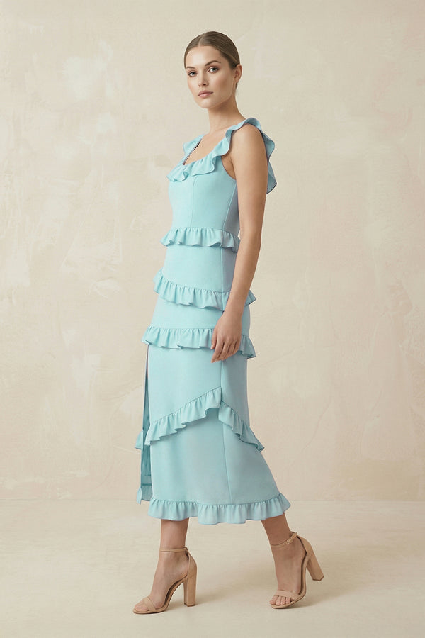 Square Neck Ruffled Sheath Satin Midi Bridesmaid Dress in Bleached Aqua - KISS BRIDAL Bridesmaid Dresses