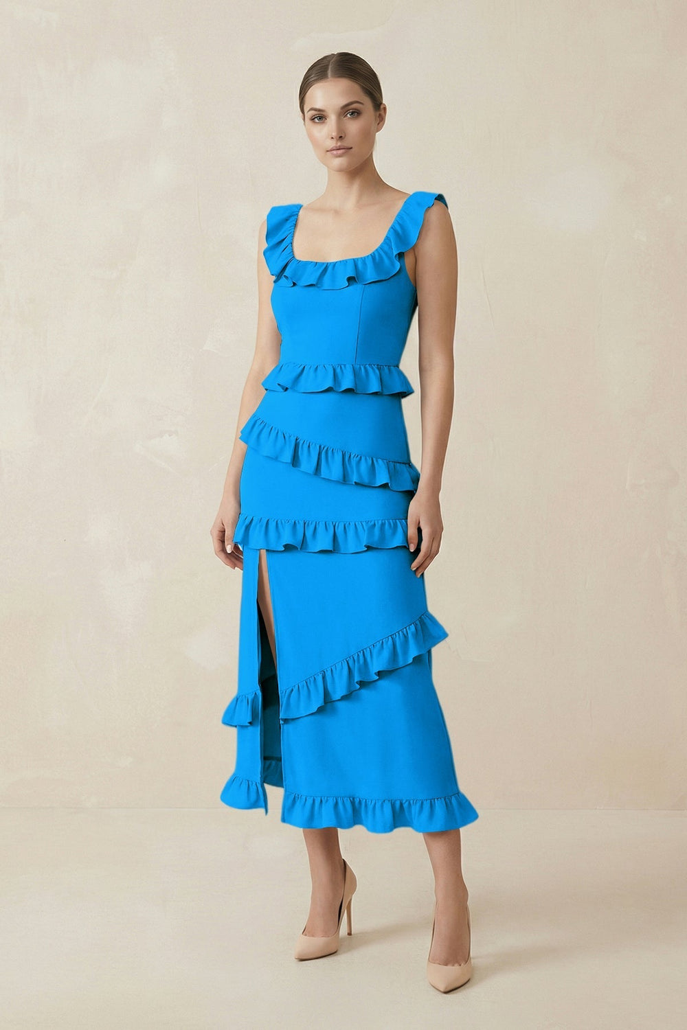 Square Neck Ruffled Sheath Satin Midi Bridesmaid Dress in Blue Jay